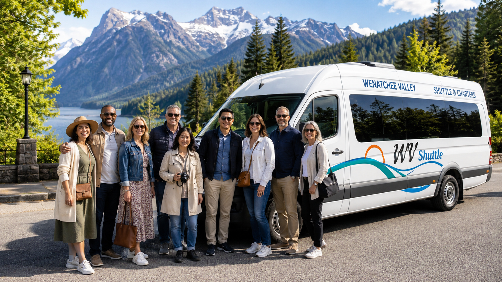 Tour group beside a Wenatchee Valley Shuttle van in the mountains