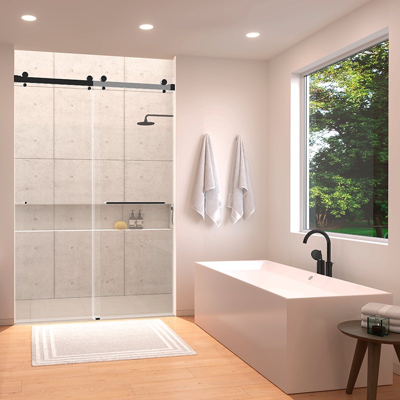 Frameless sliding glass shower enclosure in a modern bathroom