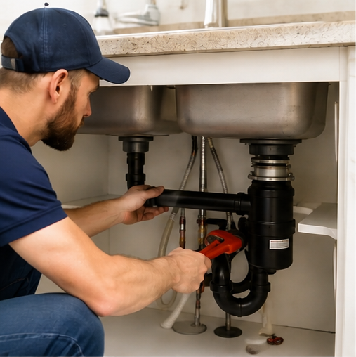 Plumber repairing drain pipes beneath a kitchen sink